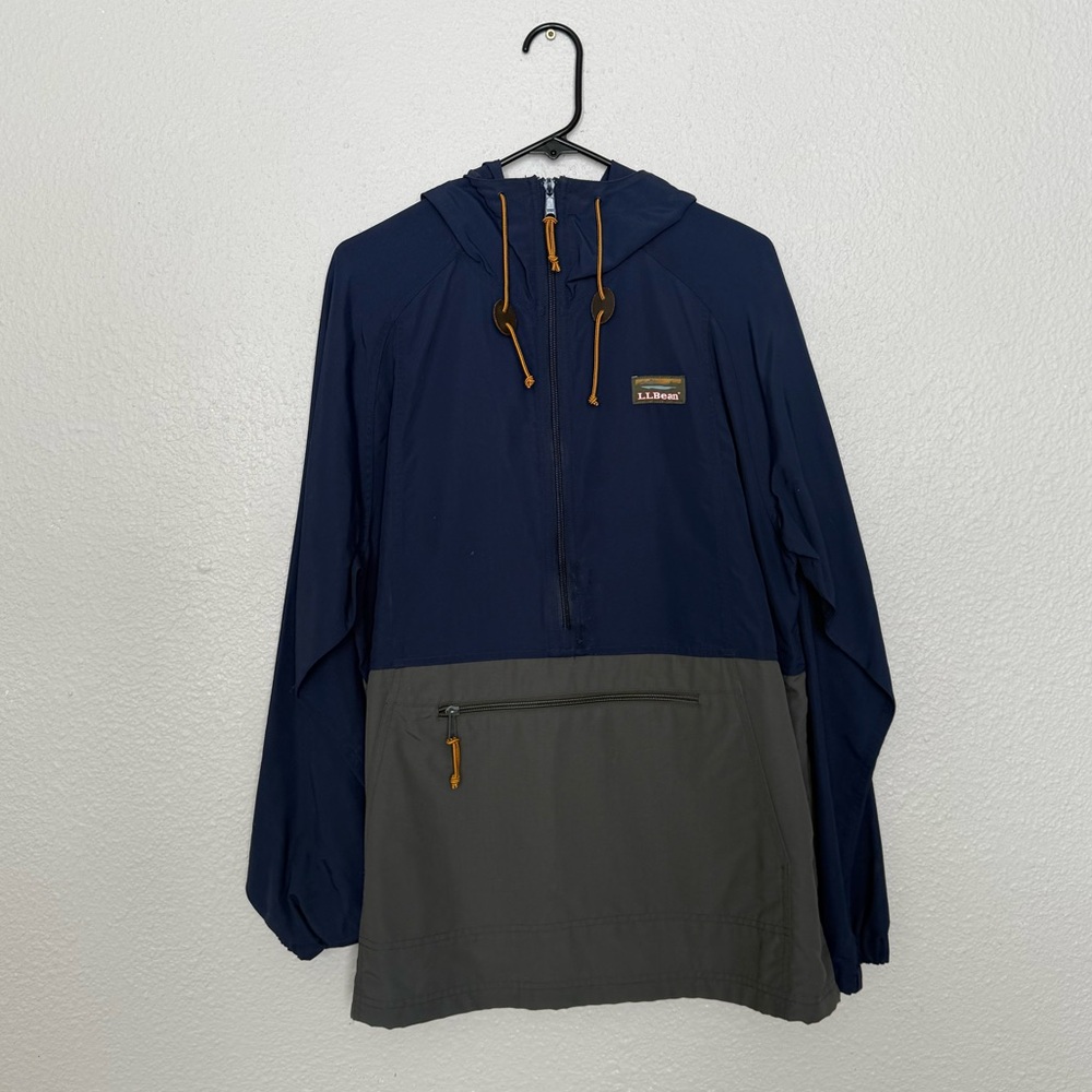 L.L.Bean Navy Hooded Anorak with Gray Pocket Panel